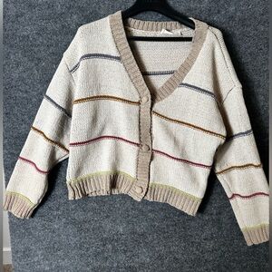 New In Tan Multicolored Striped Chenille Cardigan - Size Medium (M)